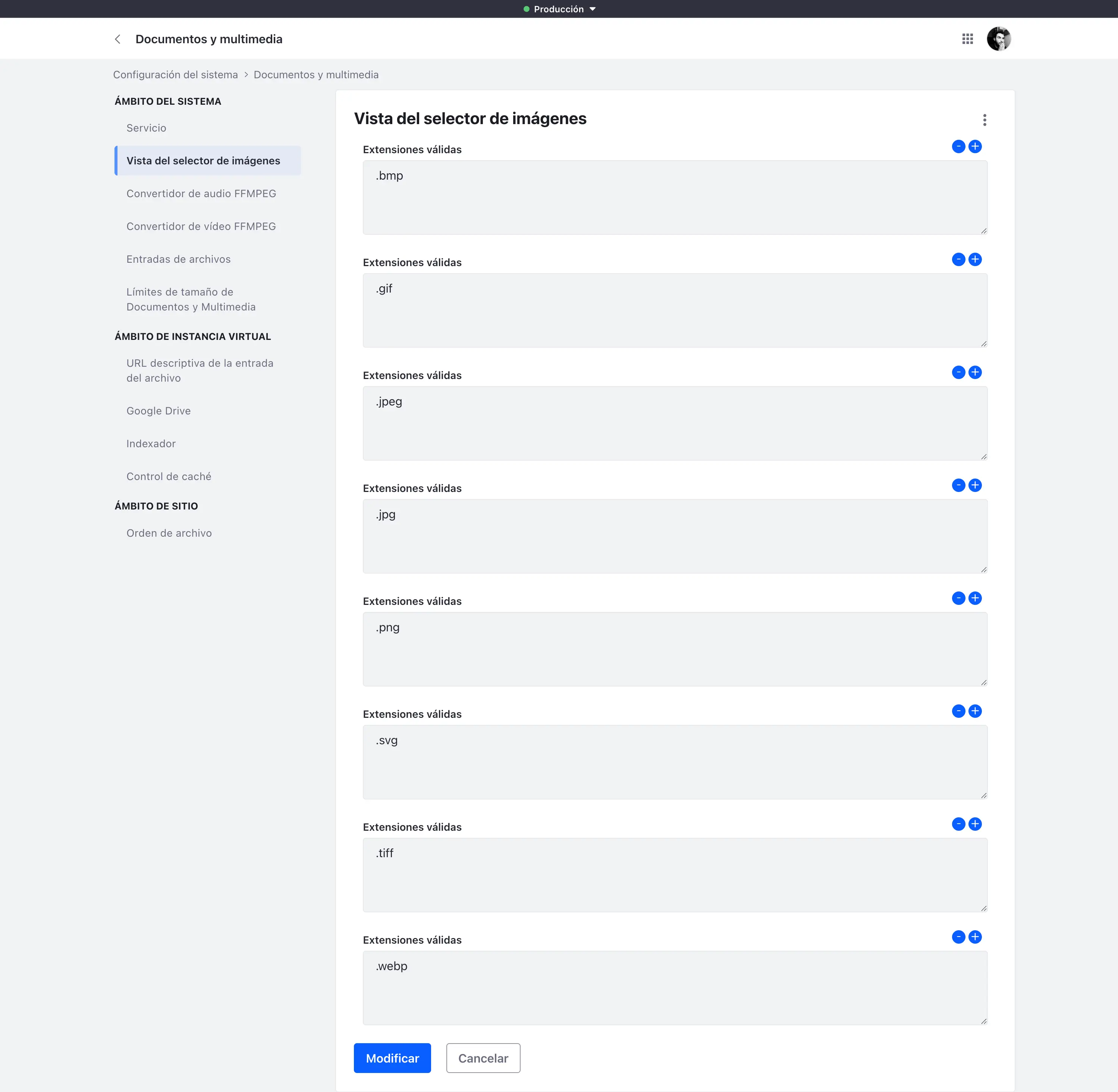Ejemplo de configuración para el selector de imágenes de liferay con Webp